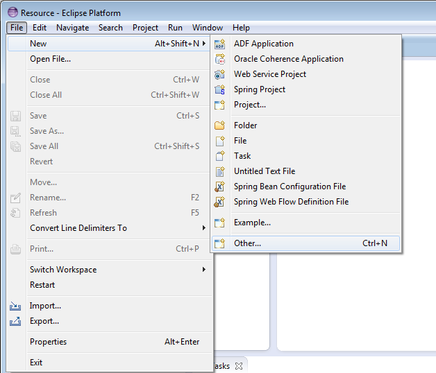 Options on the file menu