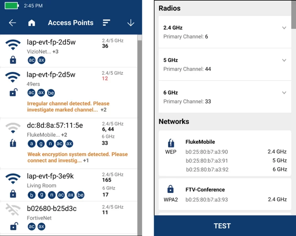 Esquerda: lista de pontos de acesso, que mostram o nome ou BSSID, banda/canal de redes compatíveis (SSID) e tipo de criptografia. Direita: os detalhes do AP mostram bandas/canais de rádio e redes suportadas.