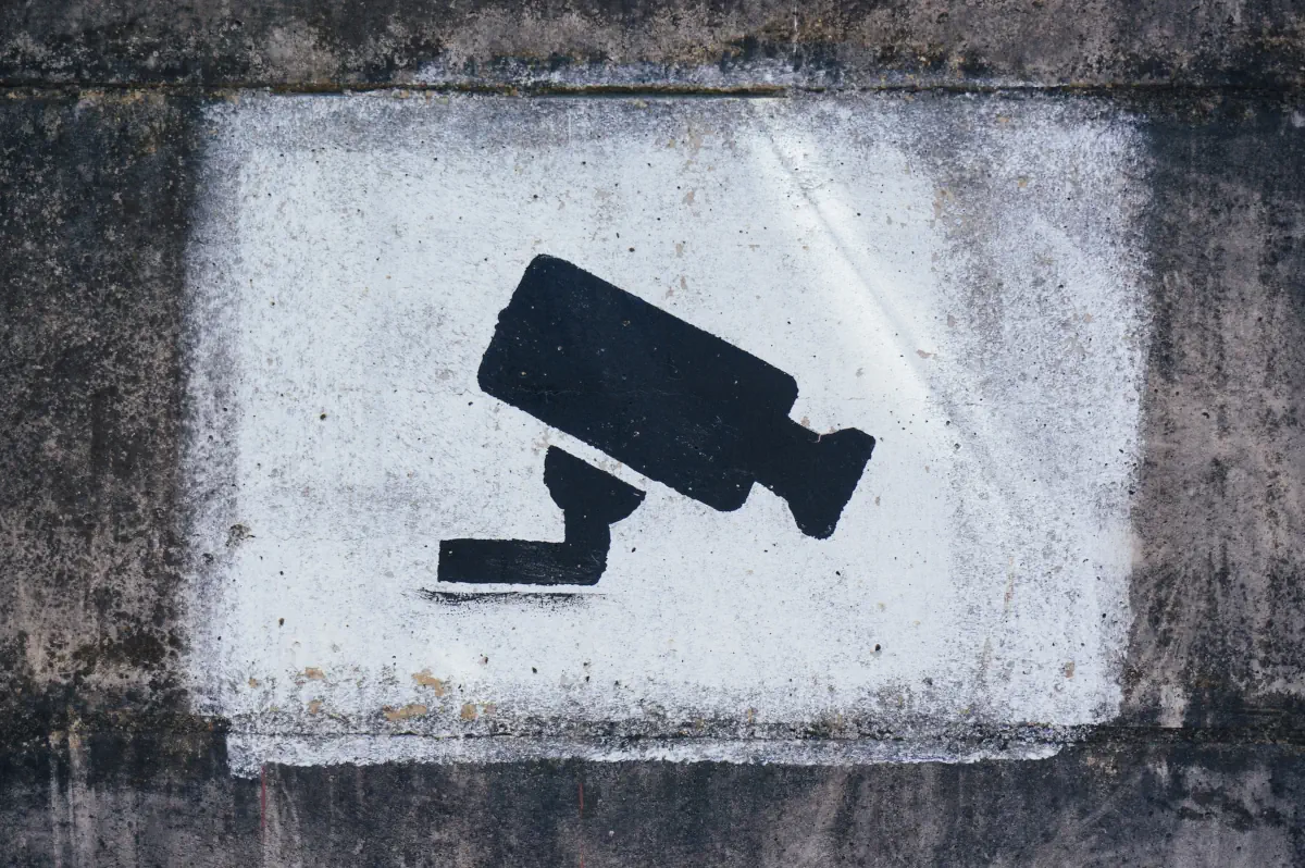 Black and white painting of a camera on a wall